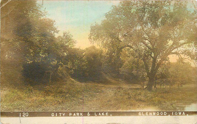 1910 City Park Lake Glenwood Iowa hand Tinted Mills County POSTCARD 935
