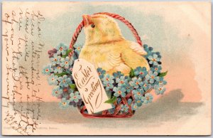 Easter Greeting, 1907 Yellow Chick In Red Basket & Blue Forget-Me-Nots, Postcard