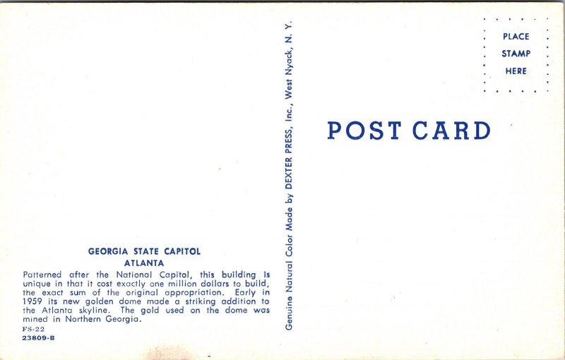 Georgia State Capitol Atlanta GA Postcard UNP VTG Dexter Unused Vintage Chrome 