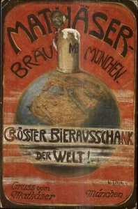 German Beer Gruss vom Mathaser Brau Munchen Mug Steain Earth Globe Postcard