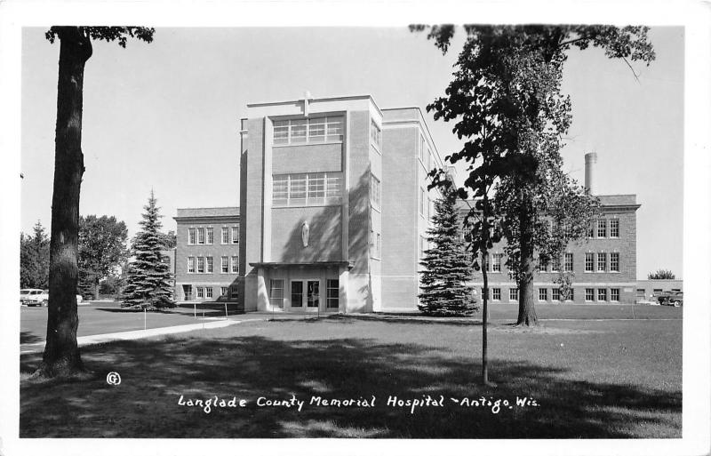 Antigo Wisconsin~Langlade County Memorial Hospital~Saint above Door~Cross~RPPC