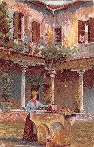 Painting of woman in courtyard Spain Unused 