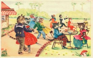 Cats Dressed As Humans Kittens Having Fun Outside Vintage Postcard  06.38