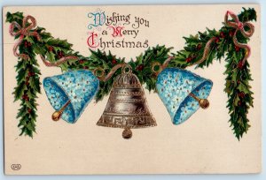 Christmas Floral Ringing Bells And Holly Berries Gel Gold Gilt Embossed Postcard