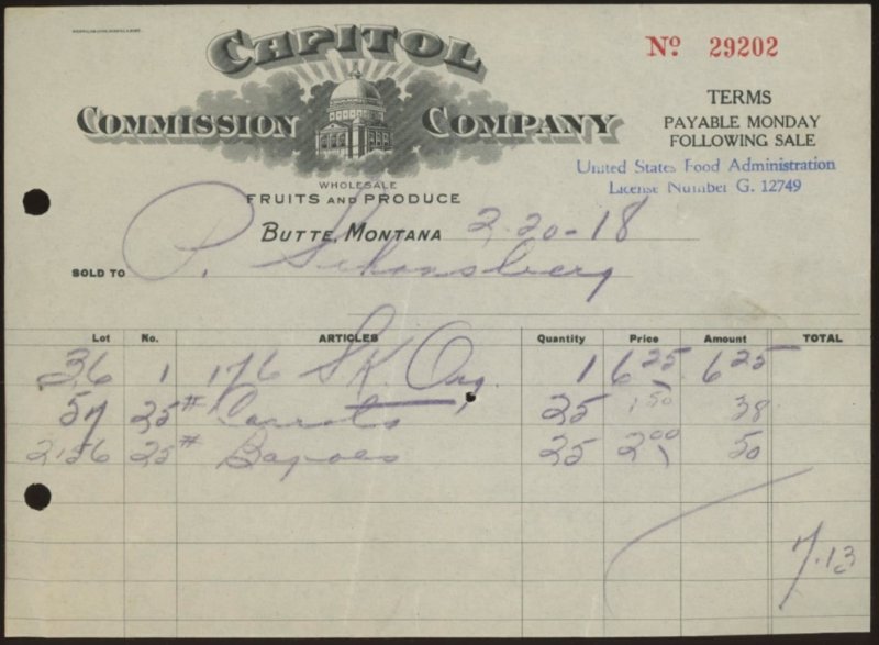 1918 BUTTE MONTANA CAPITOL COMMISSION COMPANY WHOLESALE FRUITS INVOICE 31-37