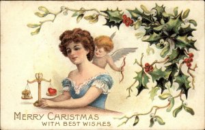 Christmas - Woman at Scale Weighs Love vs. Money Cupid c1910 Postcard