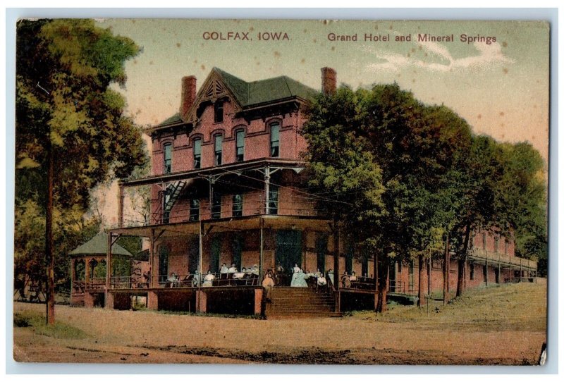 Colfax Iowa IA Postcard Grand Hotel And Mineral Springs Trees Scene 1908 Antique