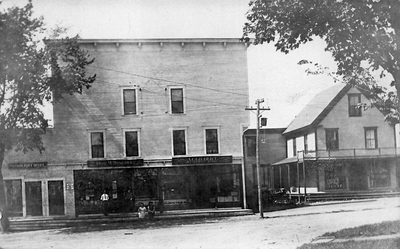 Monson ME Main Street Storefronts and Post Office Real Photo Postcard