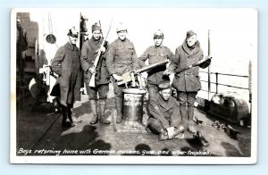 Postcard WWI Boys Returning Home German Machine Guns War Souvenirs RPPC G17