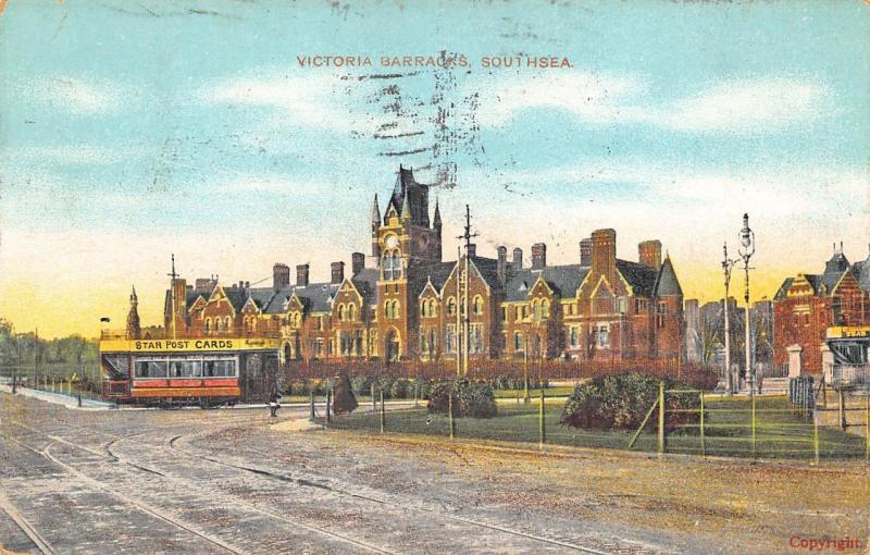 Victoria Barricks Southsea  Portsmouth UK., 1912 postcard ad on Trolley