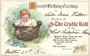 Vintage Postcard 1912 Second Birthday Greeting The Cradle Roll Member