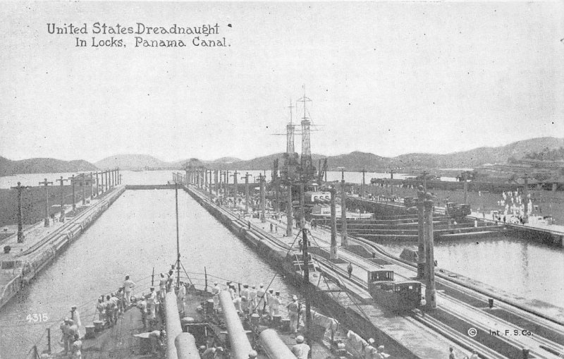 PANAMA CANAL US Dreadnaught In Locks Battleship c1910s Vintage Postcard