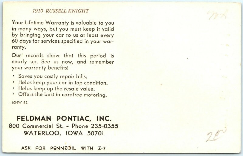 1950s Waterloo IA 1910 Russell Knight Postcard Feldman Pontiac Advertising A46
