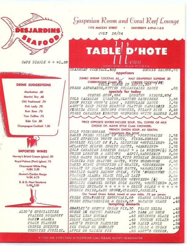 1954 MONTREAL CANADA DESJARDIANS SEAFOOD TABLE D'HOTE MENU REEF LOUNGE Z5468