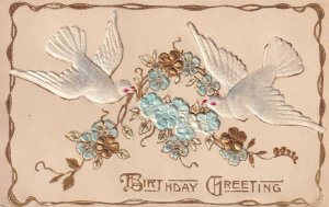BIRTHDAY, 1900-10s; Greetings, Doves flying with blue & gold flowers, Embossed