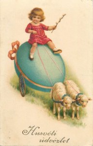 Easter greetings 1925 lovely drawn girl egg lambs cart Romanian royalty stamps