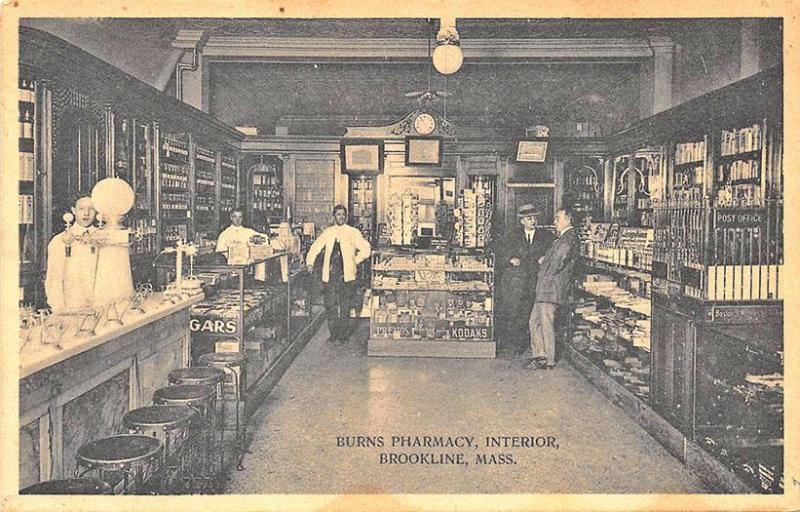 Brookline MA Burns Pharmacy Interior Fountain Cigars Postcard