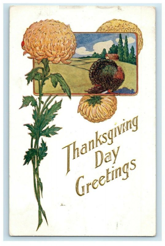 1908 Thanks Giving Day Greetings Turkey Pumpkin Antique Gold Postcard 