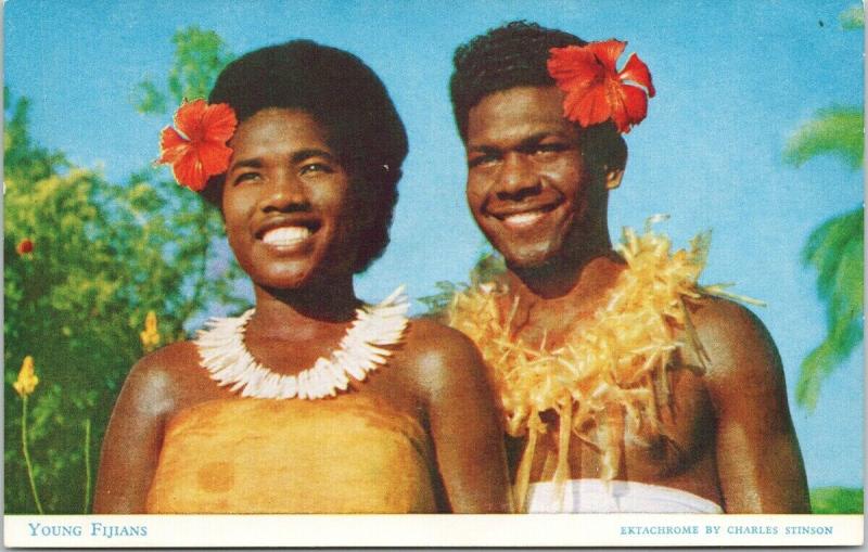 Young Fijians Young Woman Man Red Flowers Fiji Stinson Postcard F9