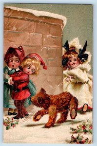 Christmas Mother Poodle Dog Present Holly Clapsaddle (?) Embossed Postcard