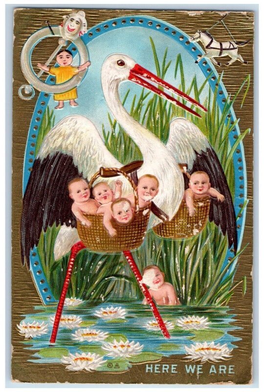 c1910's Stork Delivering Babies In A Basket Embossed Posted Antique Postcard