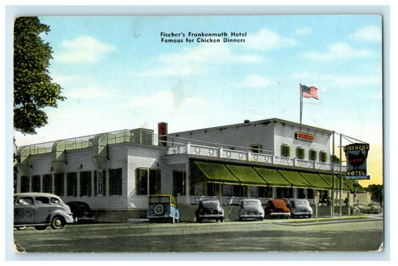 c1940s Fischer's Frankenmuth Hotel Chicken Dinners MI Advertising Postcard