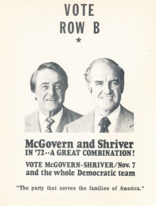 McGovern and Shriver - Vote Row B - 1972 Democrat Presidential Team - Ephemera