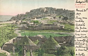 South Africa-A Native Kraal-Traditional Village of Huts~1907 Tint Photo Postcard