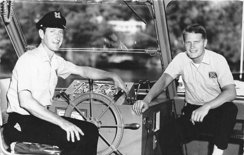 Coast Guard Sailors Posing @ Ship's Wheel~Gray Marine @ Gauges~Names Bk~RPPC