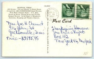 HOUSTON, Texas TX ~ TEXAS STATE HOTEL 1957 Linen Roadside Postcard