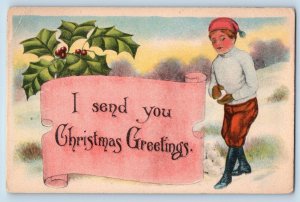 Grand Rapids Michigan MI Postcard Christmas Greetings Holly Berries Boy c1910's