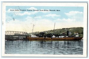 1921 Great Lakes Freighter Passing Draw Bridge View Hancock Michigan MI Postcard