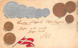 Denmark 1905 Flag Coins embossed coinage postcard C315