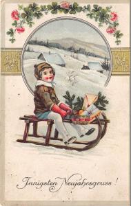 BG20670 boy with sledge fir branch letter embossed  new year neujahr germany