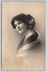 Pretty Woman Sweet Smile Roses in Hair Sheer Voile Shawl RPPC Postcard E25