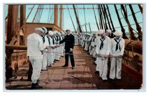 US NAVY War Ship ~ SAILORS Get ROPE SPLICING Lesson  c1910s  Mitchell  Postcard