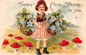 Happy New Year To You Little Girl W/ Baskets Of Clovers & Flowers, Mushrooms, PC