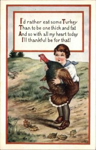 Whitney Thanksgiving Little Boy with Giant Turkey Vintage Postcard