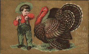 THANKSGIVING Little Boy w Giant Wild Turkey c1910 Postcard