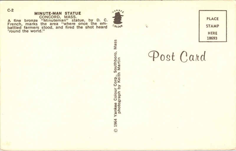 Minute-Man Statue Concord Massachusetts MA Postcard VTG UNP Vintage Unused  