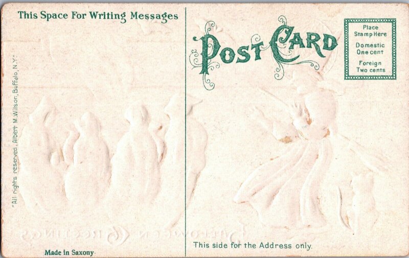 Vintage Witch, Broom, Boiling Cauldron, Ghosts, Bat, Cat,Moon Halloween Postcard