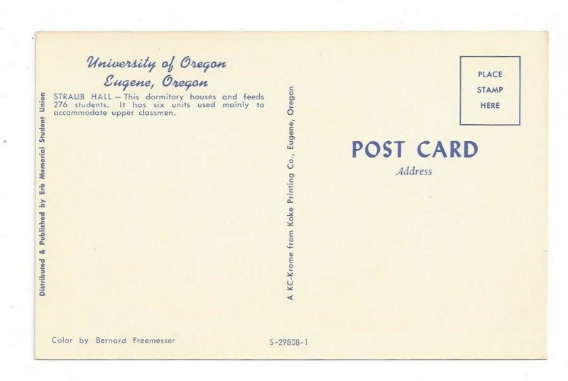 Postcard Oregon OR University of Oregon Eugene Straub Hall Standard View Card 