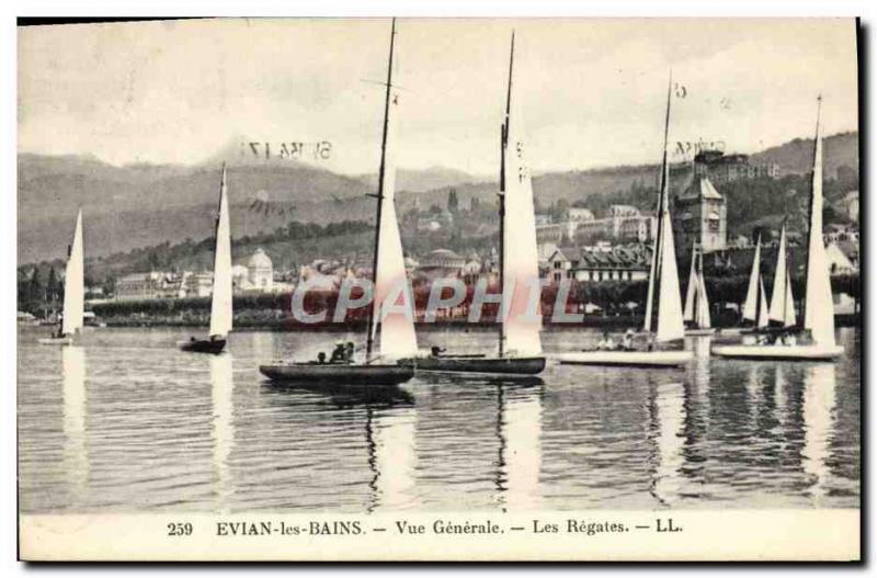Old Postcard Boat Sailboat Evian les Bains Vue generale The regattas