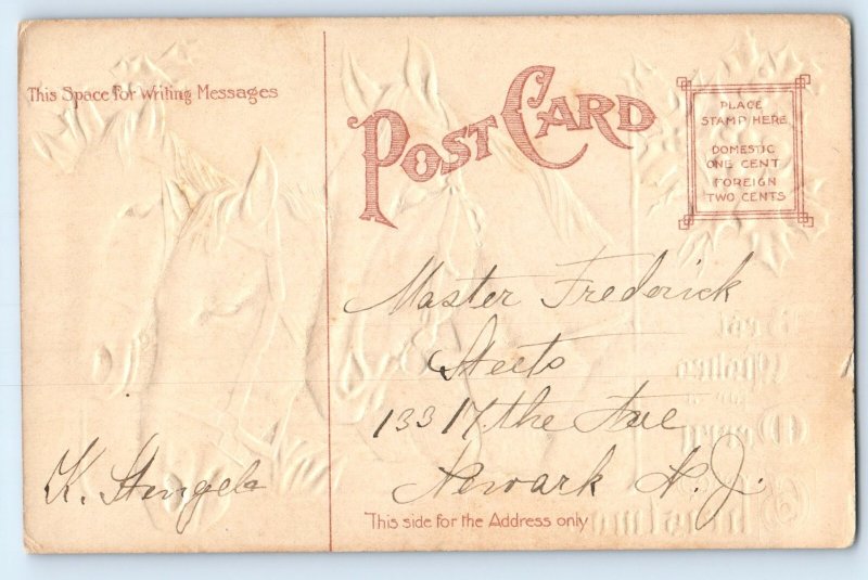c1910's Christmas Three Horses And Berries Embossed Newark NJ Antique Postcard