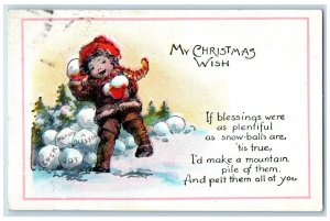 1923 Christmas Wish Boy Playing Snowballs In Winter Hart Michigan MI Postcard