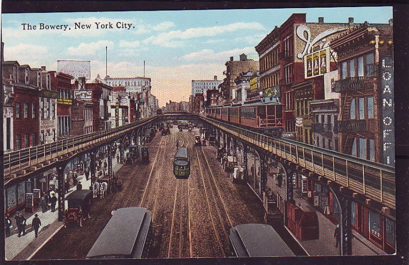 P1471 old unused postcard view traffic trollies etc the bowery new york city