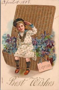 Best Wishes Girl Basket Flowers Express Embossed Ser 619 Postcard D66 