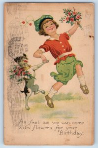 1919 Birthday Jolly Child And Dog With Flowers Gibson Lancaster PA Postcard