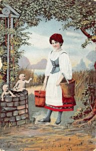 WOMAN WITH WATER BUCKETS-BABBIE IN WELL FANTASY POSTCARD