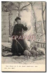 Old Postcard Cochon Pig Woman